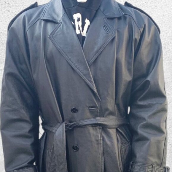 Leather Button Front Belted Trench Coat Men's Black Size XL - Picture 10 of 16